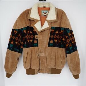 Adler Vintage 90s Suede Leather Sherpa Aztec Southwestern Bomber Jacket Mens L
